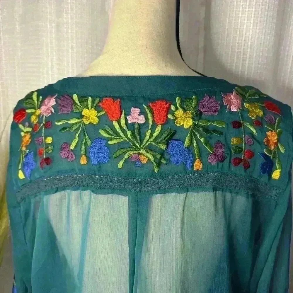 Anu Gorgeous Women’s Turquoise L/S Rayon Chiffon Embroidered Sheer Large Top - Picture 9 of 14